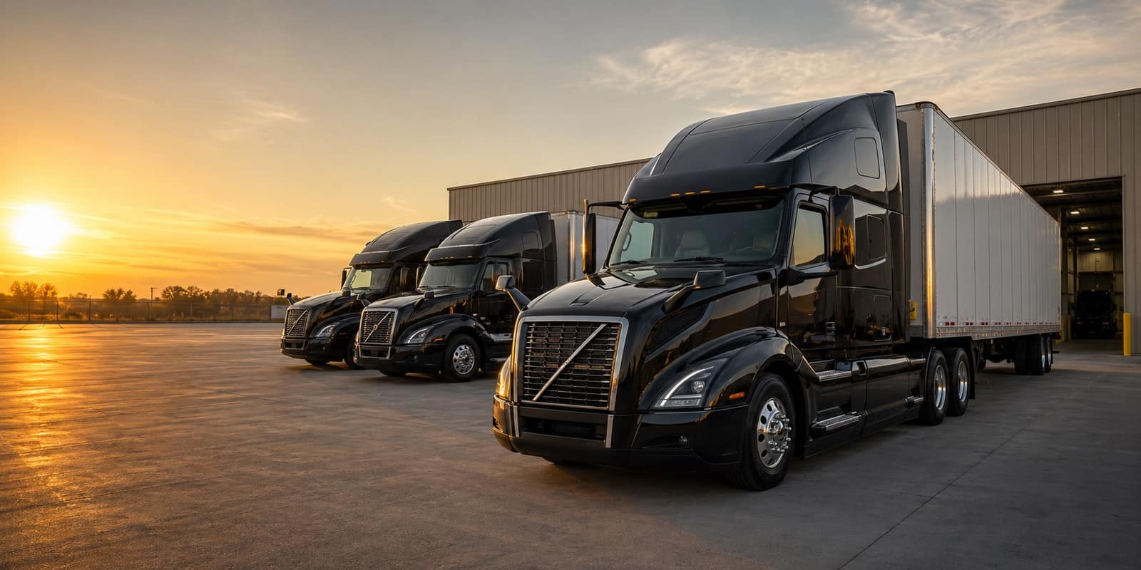 Black Volvo-style DM Express fleet trucks lined up in a logistics yard